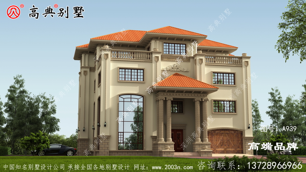 簡(jiǎn)歐四層大戶型別墅外觀圖，構(gòu)件非常精美